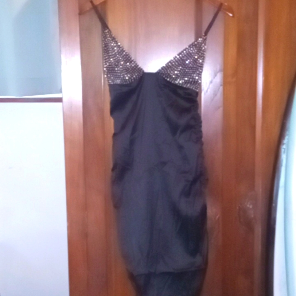 For Love and Lemons Ruched Silky Black Dress LBD Crystal Top S